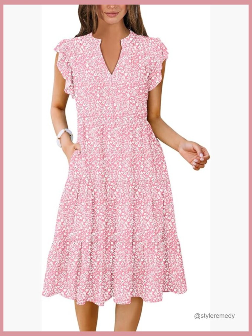 Ruffle Sleeve V Neck Midi Dress Casual Fit Flowy Tiered Boho Sundress